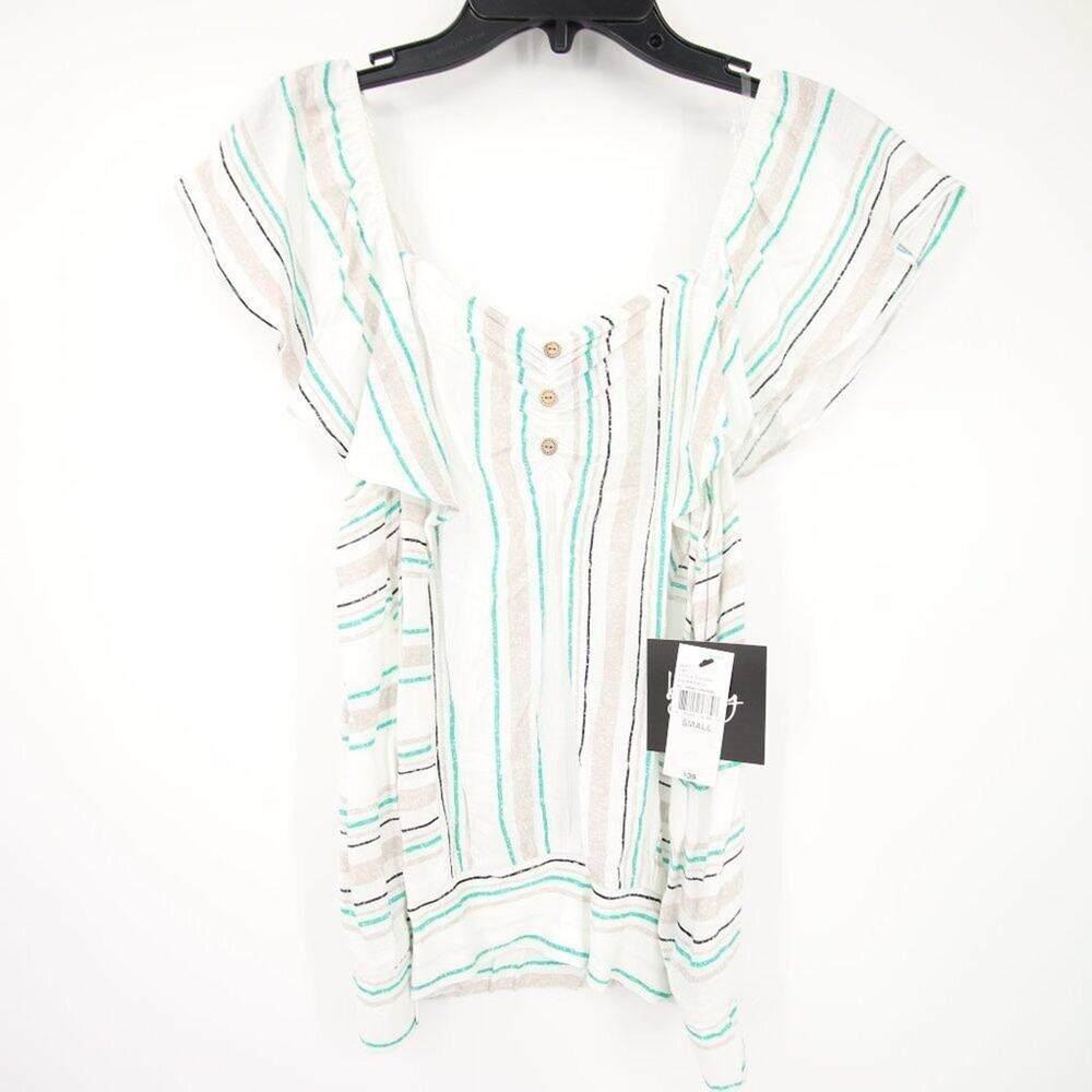 By & By White Green Striped Ruffle Short Sleeve Blouse Size Small NEW With Tags